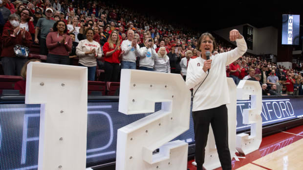 Jan 21, 2024; Stanford, California, USA; Stanford Cardinal head coach Tara VanDerveer addresses the crowd at Maples Pavilion following her record-setting 1,203rd collegiate coaching victory, a 65-56 win over the Oregon State Beavers. Mandatory Credit: D. Ross Cameron-USA TODAY Sports